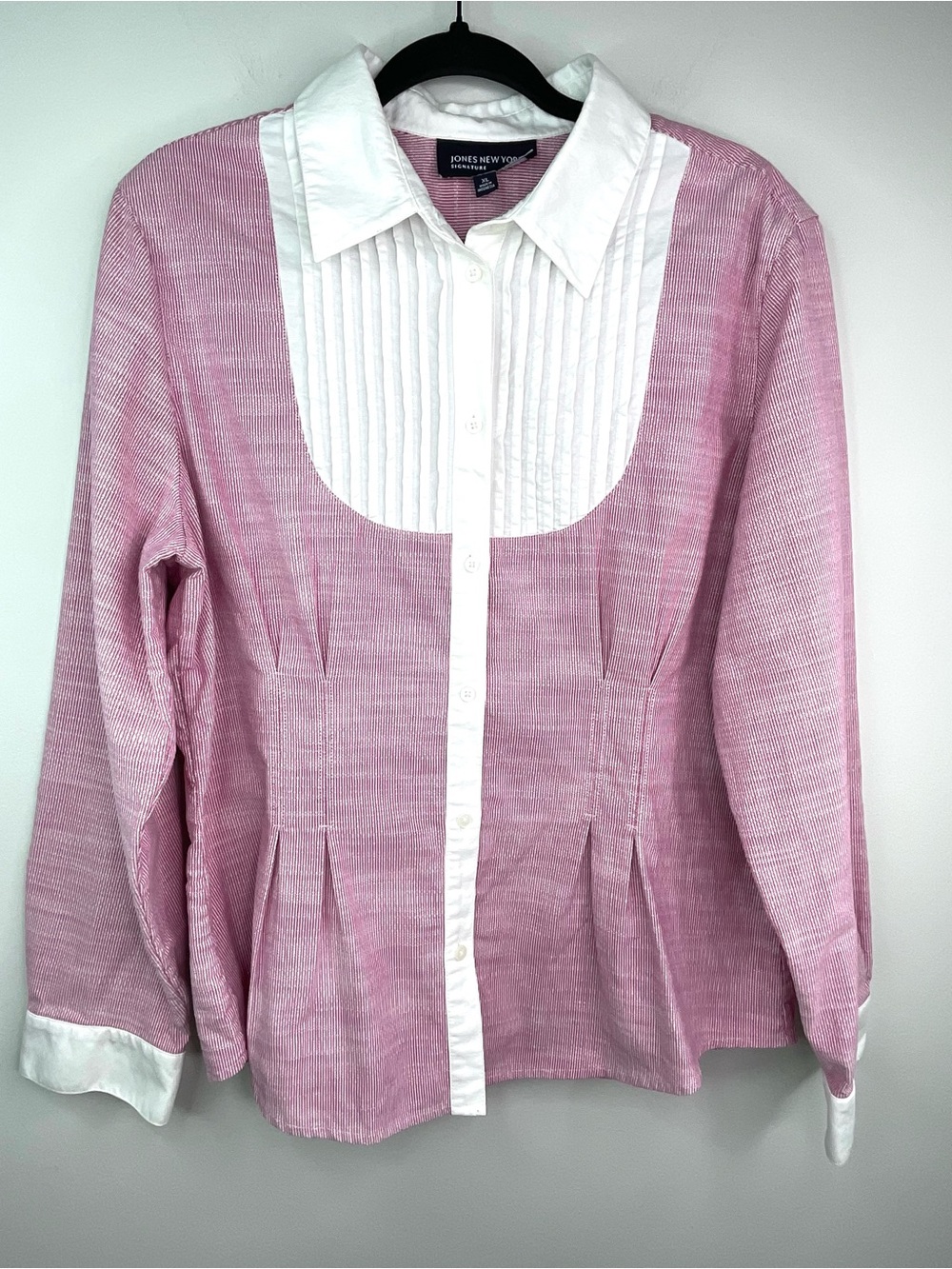 Jones New York Pink Button-Front Blouse with Contrast White Pleated Bib Size XL